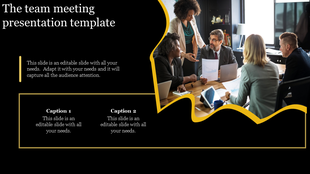 Group of professionals in a meeting, analyzing papers and reports, framed by a yellow wave, and captions on a black backdrop.