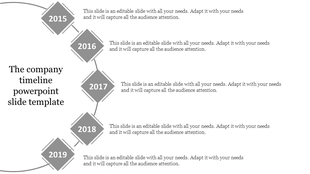 Company timeline PowerPoint slide with diamond shaped markers for the years 2015 to 2019, each with captions.