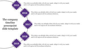 Timeline infographic in diamond shape with five stages, labeled with years each containing a caption areas.