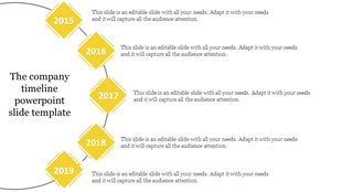 Company timeline PowerPoint slide with yellow diamonds representing milestones for the years 2015 to 2019.