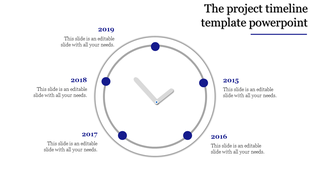 Project timeline in a circular clock format with years 2015 through 2019, featuring caption areas.