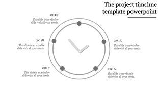 Gray clock themed timeline with years 2015 to 2019 placed around it, representing project milestones.