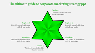 Corporate marketing strategy PowerPoint slide with a green star shape and six sections for captions.