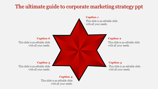 Corporate marketing strategy slide featuring a red star surrounded by six captions in a circular layout.