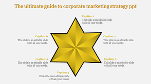 Corporate marketing strategy PowerPoint slide with a golden star shape and six sections for captions.