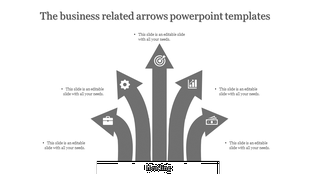 Gray themed infographic with five upward pointing arrows featuring icons for business goals and progress indicators.