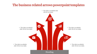 A business related PowerPoint template with five red arrows pointing upward, each with an icon and caption.