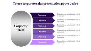 A corporate sales PowerPoint slide with a gradient background and six captions in purple and pink sections.