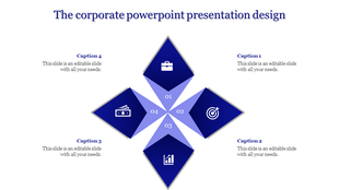 Corporate slide design with a four-section diamond graphic in shades of blue, displaying icons.