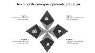 Corporate slide with black and gray diamond shapes forming a cross  layout with captions, on a white background.