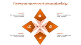Corporate design with a four-part diamond shape, each labeled with captions areas and icons each representing a element.