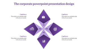 Corporate slide with four purple diamond shapes forming a cross  layout with captions, on a white background.
