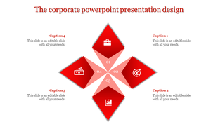 A corporate PPT slide with a diamond shaped layout, featuring four red triangles with icons.