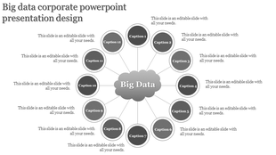 Big data concept with a central gray cloud linked to 12 circular captions arranged in a radial pattern.