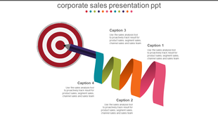 Corporate sales PowerPoint template with a target and colorful arrows for tracking sales results with captions.