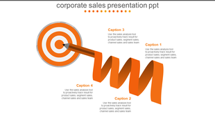 Corporate sales presentation slide with a target and four captions related to sales analysis and tracking.