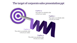 Purple target with concentric circles and a spiral ribbon leading to captions areas for sales strategy.