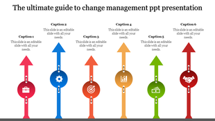 Change management PowerPoint slide with six upward arrows, each labeled with a different icon and caption.