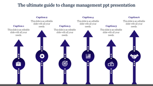 Change management PPT slide with vertical arrows representing different stages of management with captions and icons.