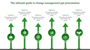 Timeline of change management steps with six green arrows and circular icons, including business and financial symbols.