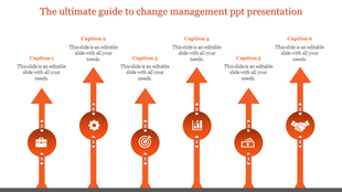 Slide featuring six vertical orange arrows with circular icons and descriptive captions aligned on top.