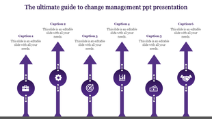 Slide featuring six vertical purple arrows with circular icons and descriptive captions aligned on top.