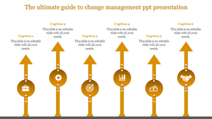 Change management stages with six arrows and captions, featuring icons like a briefcase, target, and handshake.