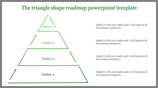 Green triangle roadmap PowerPoint template with four levels and arrows showing progression with captions.