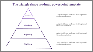 Purple triangle roadmap PowerPoint template with four levels and arrows indicating progression with captions.