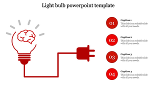 Illustration of a red light bulb with rays and a brain inside, linked to a plug and four captions on a white background.