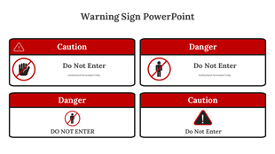 Slide displaying four safety signs with bold red headers and symbols for restricted entry and caution.