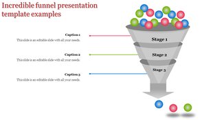 Three-stage gray funnel with colorful balls at the top and arrows pointing to captions on the left, on a white background.