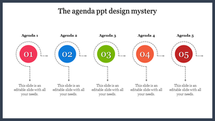 Agenda slide featuring sequential numbered circles in pink, blue, green, orange, and red with captions below.