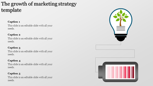 A marketing strategy template featuring a light bulb with a growing tree and a battery icon, alongside five caption sections.