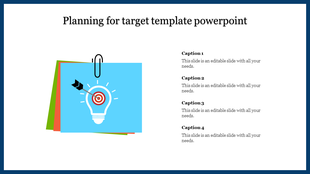 A planning slide featuring a target design inside a lightbulb, with colorfully stacked papers on the side.