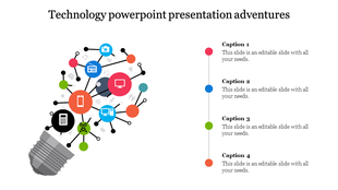 Creative technology lightbulb graphic with icons like phone, computer, and radio, connected with lines, and captions.