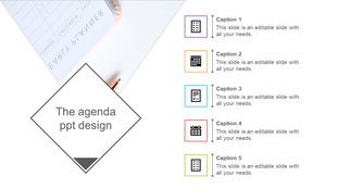 Agenda infographic featuring a central diamond shape with captions numbered 1 to 5, connected to colorful icons.