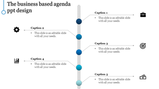 Vertical business agenda slide featuring a timeline with icons and captions aligned to both sides.