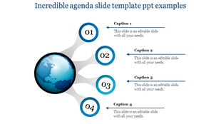 Agenda slide featuring a central globe with four numbered circular nodes, 01 to 04, connected to captions.