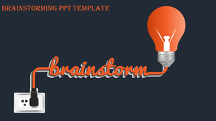 Brainstorming slide with an orange light bulb connected to a power outlet by a cord, on a blue background.