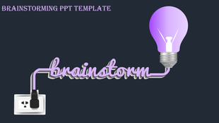 Template with a glowing purple bulb connected to a wall socket via a purple wire forming the word brainstorm.