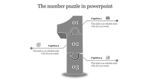 Slide with a gray number one puzzle, showcasing captions and icons for business goals, targets, and analysis.