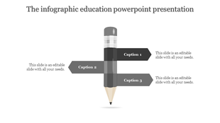Infographic education PowerPoint slide with a gray pencil and three caption boxes.