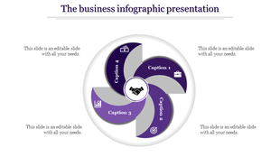 Circular layout with purple and gray curved segments, surrounding a handshake icon in the center, and four captions around.
