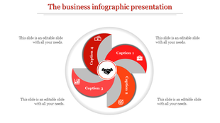 Circular infographic with four red and gray sections surrounding a central handshake icon, each section labeled with caption.