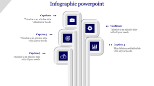 Infographic PPT slide with five sections, each featuring dark blue icons for business, settings, goals, finances, and tools.