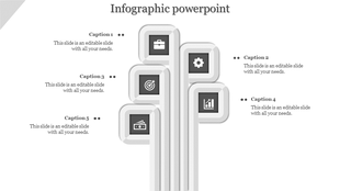 Gray infographic with five rounded rectangular shapes arranged vertically, each featuring business related icons.