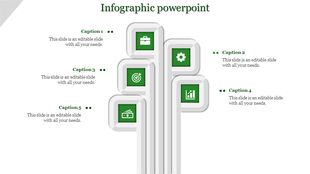 Vertical infographic featuring five white rectangular blocks with green icons, arranged connected to caption areas.