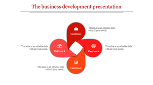 A vibrant business development slide featuring four sections with icons representing different business concepts.