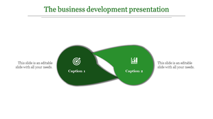 Two overlapping teardrop shapes in dark and light green with icons and captions on a clean white background.
